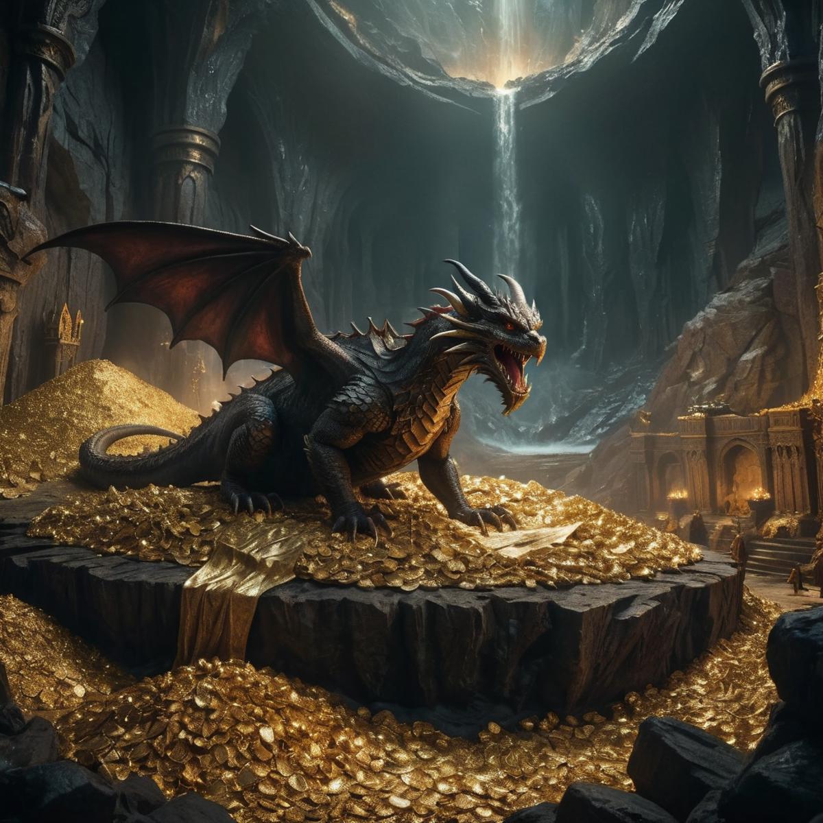A dragon sitting on a pile of gold coins with a waterfall in the background.