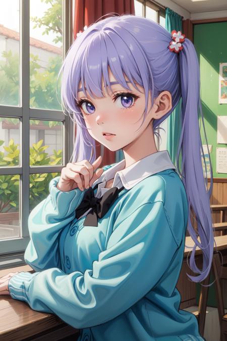 suzukaze aoba, 1girl, hair ornament, suit, twintails, bow, purple hair, purple bow suzukaze aoba, 1girl, hair ornament, school uniform, cardigan, twintails, purple hair, black bowtie suzukaze aoba, 1girl, gym shirt, buruma, hair ornament, twintails, purple hair