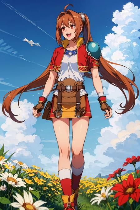 masterpiece, best quality, fcEstelle, red jacket, blue shoulder pad, white shirt, red skirt, short shorts, fingerless gloves, red boots, :D, sky, clouds, standing, flowers  <lora:estelle-nvwls-v2-000009:1>