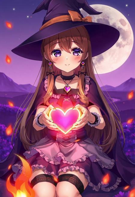 masterpiece, best quality, amazing quality
,1 girl, solo, long hair, medium chest, looking at the viewer, smile, skirt, brown hair, black strands of hair, hat, navel, closed mouth, neckline, modern clothes, jewelry, sitting, purple eyes, heart, earrings, ruffles, witch's cap, garters, frilly skirt, fire, red nails, witch, magic, heart earrings, purple landscape, pyrokinesis, Photorealistic frontal shot of a character in a witch costume holding a glowing heart in his hands.  purple cape, black lips, heart, witch, magic, purple skirt