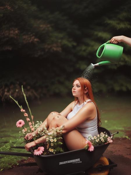 gr0w, flowers, wheelbarrow, leotard, dirty, watering can