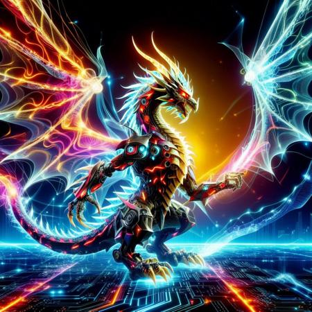 Cyberspace, glowing magical energy in cyberspace, codeandigital, c0dean0igital, cyberw0rlds, no humans, dragon , mountain background, wings , duel monster, claws, solo, open mouth, tail, red eyes, sharp teeth, teeth, monster, robot, full body, non-humanoid robot, horns, mecha, flying, tongue, from side, creature, fangs, science fiction, glowing, mechanical wings, spikes, yellow eyes, colored scales, gem, looking at viewer, armor, Tokio background, Tokio, mountain