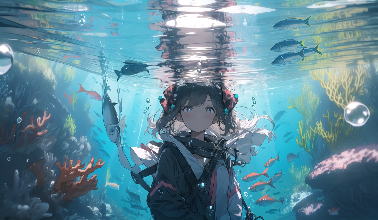 1girl, solo, fish, underwater,looking at viewer, bubble, bangs, coral, , sunlight, air bubble, ribbon <lora:waterlight-000...