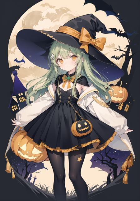 (pixiv masterpiece),best quality,1girl,cute,kawaii,small breasts,green hair,orange eyes,clover hair ornament,long hair,disheveled hair,messy hair,halloween costume,witch hat,star print,full moon,misty forest,dress,black pantyhose,wide shot,bat,jack-o'-lantern,horror \(theme\),kiyakyuu,yellow theme,<lora:wvb-000008:1>,