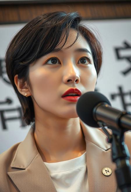 DSLR-style, elegant 26-year-old Korean model, dark eyes, extremely milky white skin with porcelain glow, smooth and luminous, flawless soft matte finish with light reflecting quality, Korean idol skin tone, subtle gradient from center to jawline, extremely pale white skin, parted lips, masterpiece, ultra high-resolution  
A close-up, eye-level shot captures a person with short, dark hair speaking into a microphone. They are dressed in a light-colored blazer over a white top, with a small metallic emblem visible on the lapel. Their mouth is slightly open as if in mid-sentence, and their gaze appears to be directed slightly upwards and to the right, suggesting they are addressing an audience or looking at a screen. The background is softly blurred, showing hints of a white wall with dark lettering, implying an indoor setting like a press conference or official meeting. The lighting is bright and even, highlighting their features.