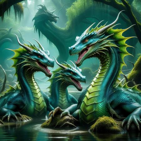 eerie swamp, hydra, three headed dragon, three necks on one body, shared body, long necks, wet, half submerged, glistening scales, (absurd res:1.2), (photorealistic:1.2), BREAK, (8k:1.0), (hi res:1.0), (masterpiece:1.0), (best quality:1.0), (realistic:1.2), (ph0t0x2:1.0), (vibrant colors:1.0)