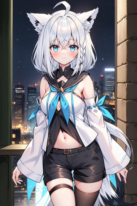 best quality,1girl, white hair, single side braid, ahoge, fox tail, fubukidefault, white blouse, [midriff::12], detached sleeves, black short shorts, blue neckerchief, thigh strap, single thighhigh  <lora:shirakami_fubuki_9_outfits:1>