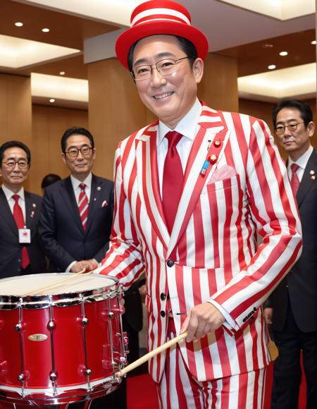 (Fumio Kishida playing a snare drum with white and red striped suit:1.2), [wearing very tall party hat:wearing very tall white and red striped hat:0.5], wearing glasses, standing alone in Osaka, (best quality, High quality, highly detailed, intricate details, Highres, 8k, RAW photo, realistic photo:1.25), wearing red cheeks makeup, looking at viewer, smiling, doll, <lora:Kishida-XL_v2:0.6>