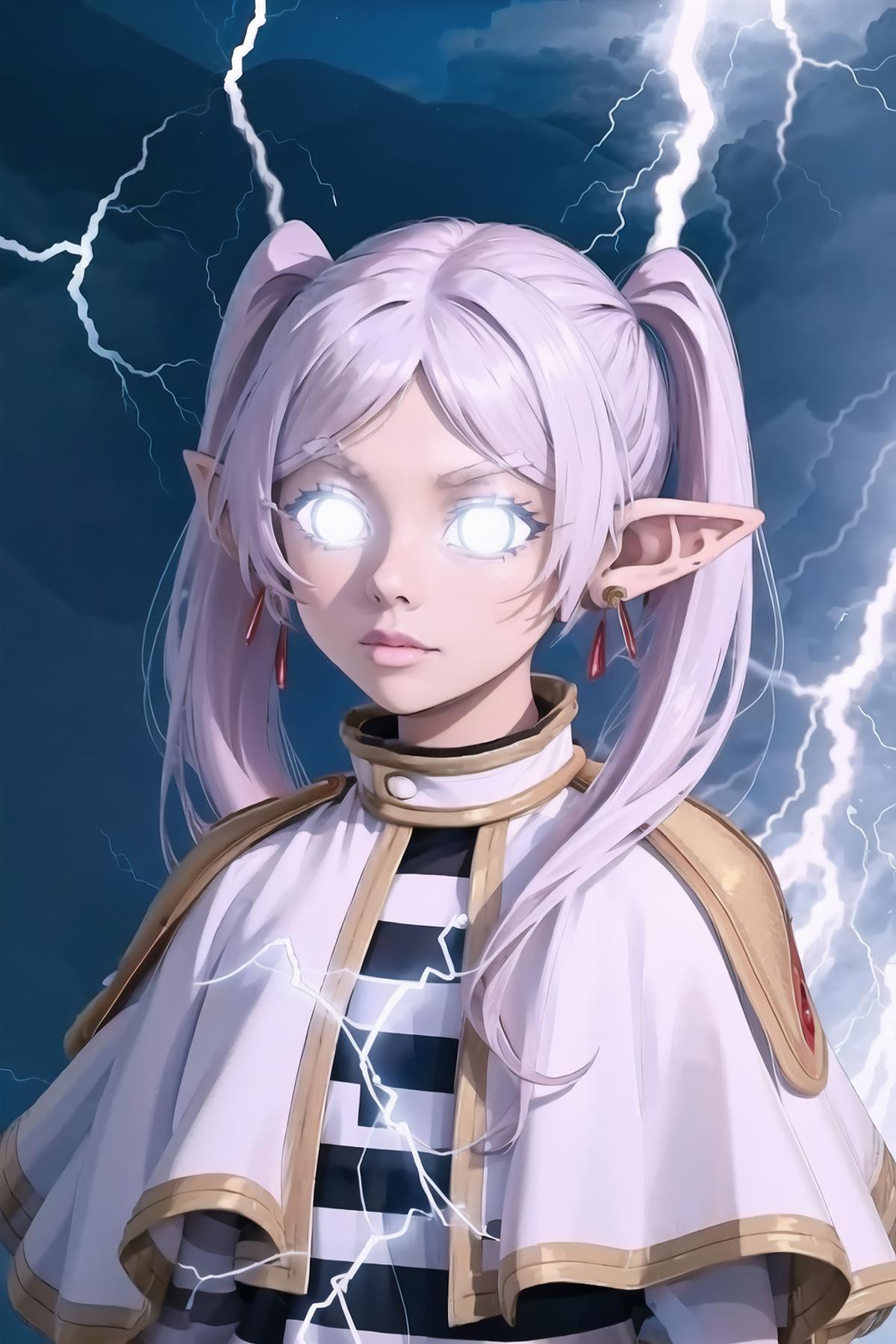 A fantasy character with lightning in the background.