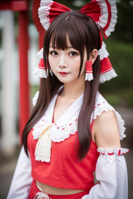 best quality, masterpiece, real,realistic, photo,photorealistic,cowboy shot,looking at viewer, 
1girl, beautifly face,hakurei reimu \(cosplay\), miko,hakurei shrine, outdoors, 
<lora:hakurei reimu cosplay_728_V3_07:0.6>