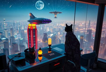 Jiji, the cat from Kiki's Delivery Service sits on a cluttered metal riveted desk with transparent top and rgb led computer components visible inside, On the desk are a maneki neko statue and a lava lamp, Jiji the Black Cat is looking out of a seamless and futuristic floor to ceiling window that looks out at a very high view from an apartment on the 400th floor of a futuristic Tokyo skyscraper, the year is 2250, The city has thousands of enormous wide and tall futuristic skyscrapers and space ships covered with lights in the sky, (((Kiki from Kiki's Delivery Service, 24 years old, is standing next to the cat looking out at the enormous city at night, filled with buildings of many shapes and sizes, some over a mile tall))), Kiki is dressed in an ornate Japanese style bath robe. An enormous deco starship with futuristic lighting and design is visible high above the city, and a space station is visible in the background among the stars, many many small flying personal transports are flying around the city, multiple elevated train tubes are visible moving between large buildings, The woman's hair is messy from just waking up and tied up with a ribbon. Artistic cyberpunk, dynamic perspective, The focus is on Jiji and Kiki standing together looking out the window at the view together, (((overall architectural aesthetic is Art Deco Cyberpunk))).  Mt Fuji can be seen in the far distance,