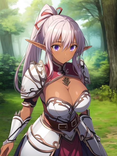 best quality, masterpiece, highres, detailed, perfect anatomy,  <lora:Detail - add_detail:0.2>, AishaU, armor, forest, outdoors, breastplate, skirt , <lora:AishaU-10:0.8>, dark skin, elf, ponytail, ribbon,