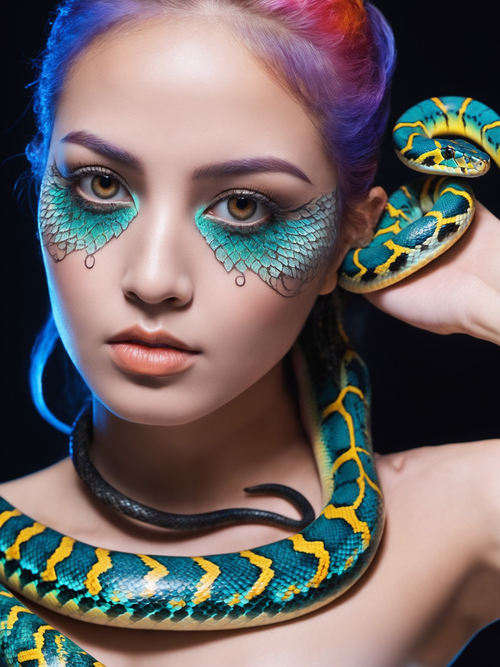 1girl, (sexy detailed and beautiful face), large breasts, colorful poisonous snakes, (colorful snake hair and eyes:1.3), a...