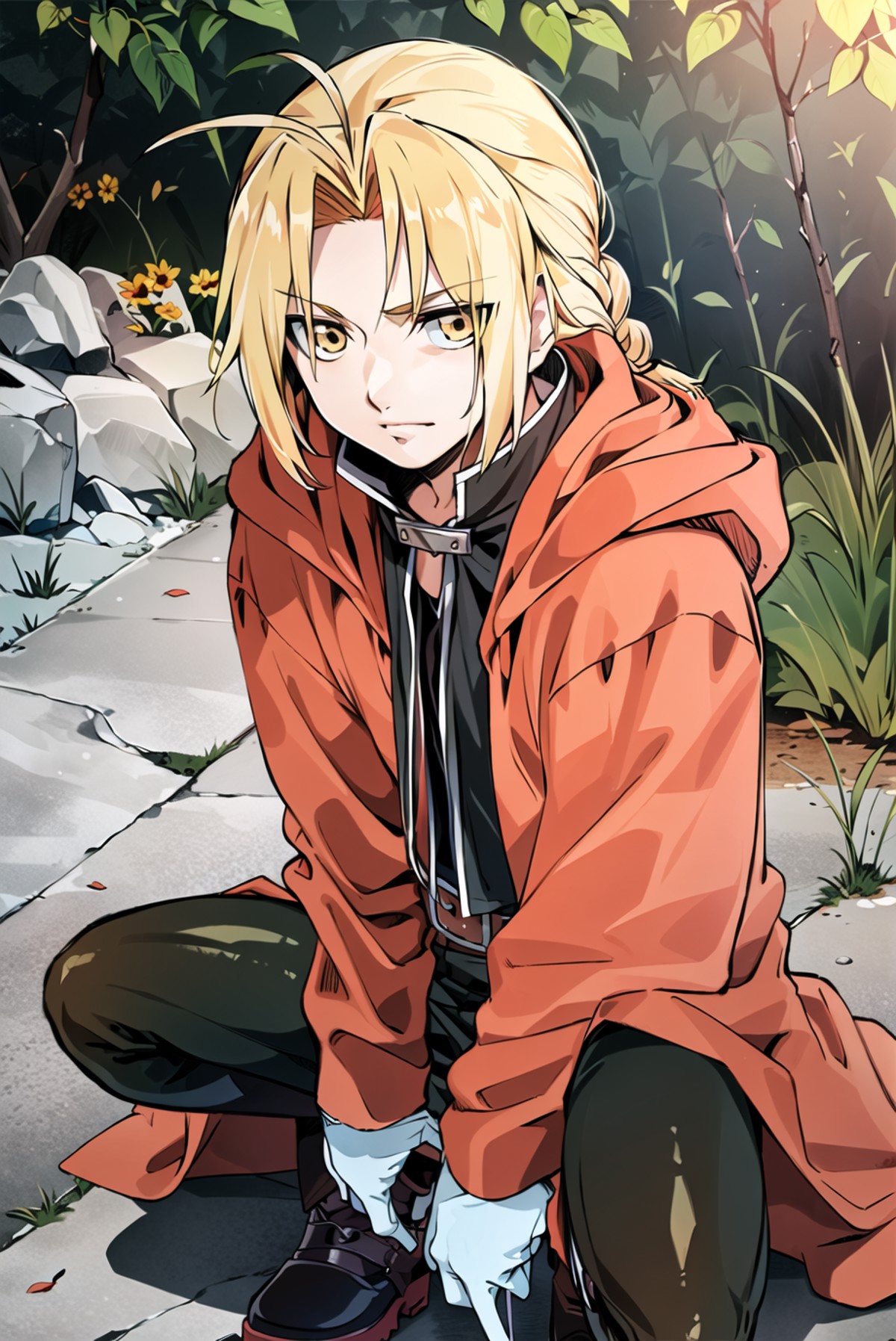 ((masterpiece,best quality, detailed)), outdoors, 1boy, edward elric, red coat, hood, boots, white gloves, black pants, be...