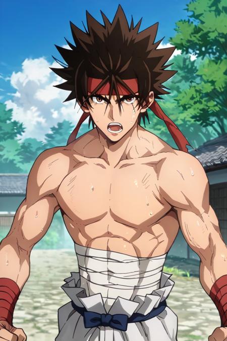 Sagara Sanosuke,brown hair, brown eyes,headband,spiked hair, dougi,sarashi weapon,huge weapon,sword,