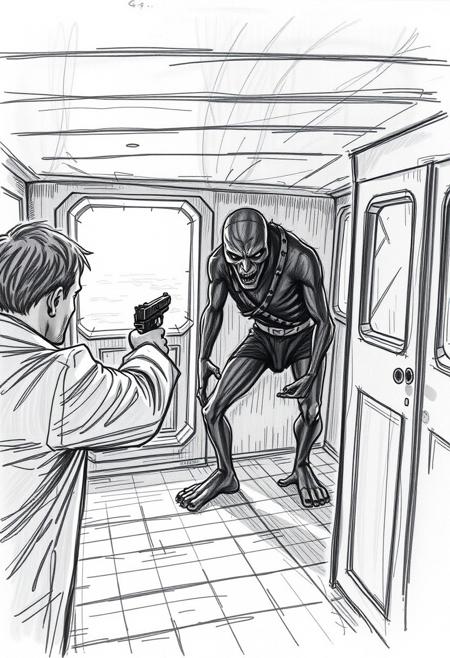 A man pointing a gun towards a unknown creature inside a boat’s deck, sketch, shadows, interior,