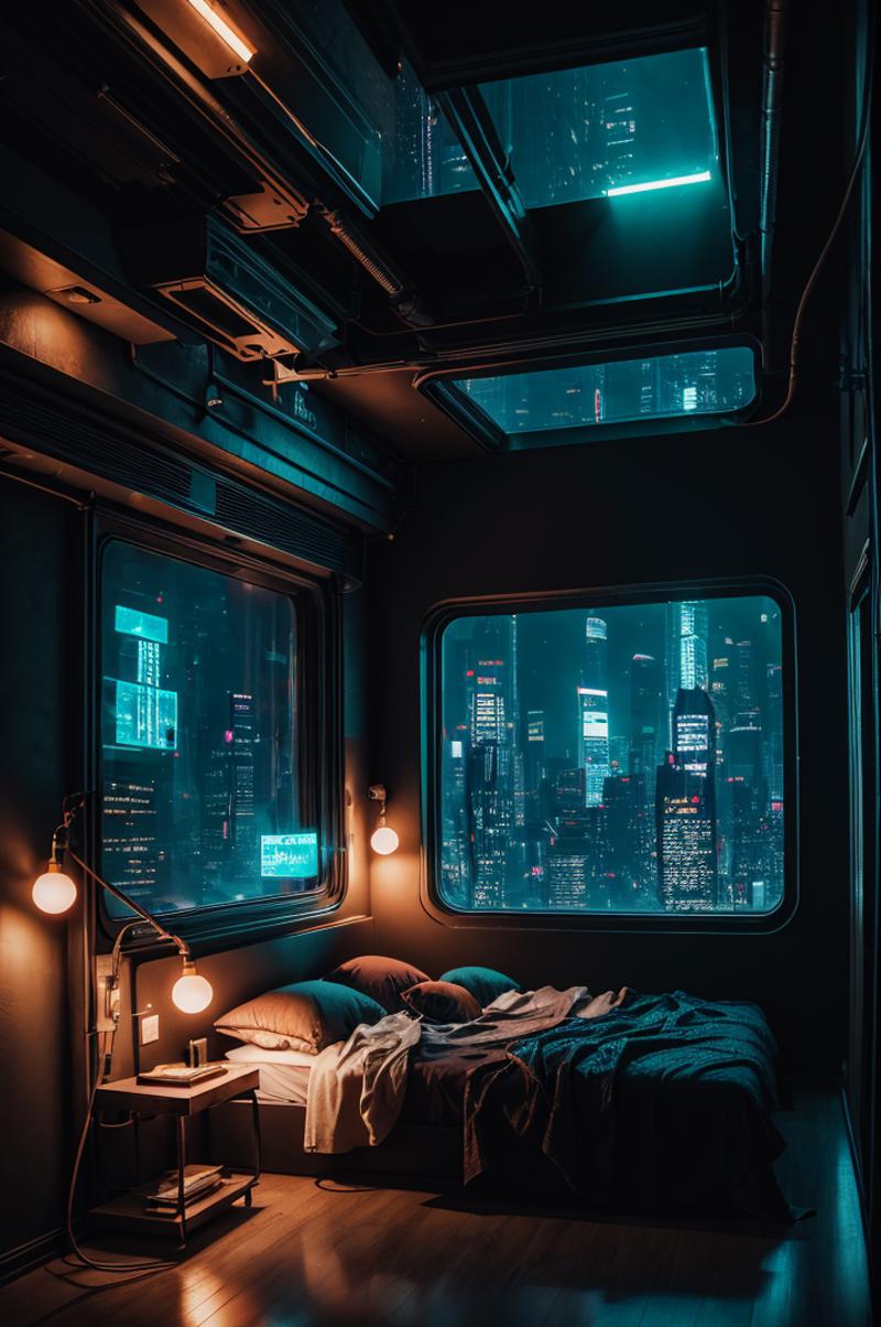 A darkened bedroom with a futuristic city view.