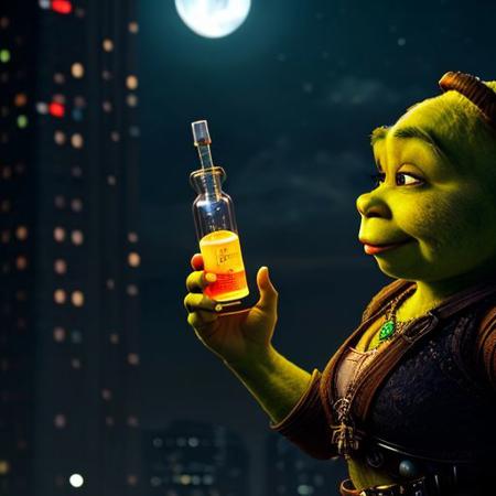 shrek is half robotic , he have a test tube alien in her hand, Cyberpunk Style,  (neon:1),  masterpiece, intricate, highly detailed, majestic, digital photography, hdr,  (night time:1.2) ,,detailed alien resurection