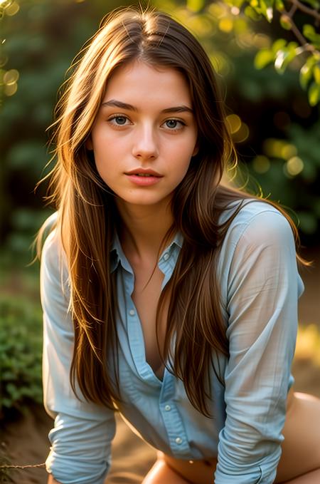 young pretty woman, long hair, breasts, looking at viewer, brown hair, shirt, cleavage, medium breasts, parted lips, mole, blurry, lips, mole under mouth, sleeves rolled up, freckles, realistic, photorealistic, hyperrealistic art, extremely high-resolution details, photographic, realism pushed to extreme, fine texture, incredibly lifelike, absurdres, masterpiece, 8k, high detail, intricate, best quality