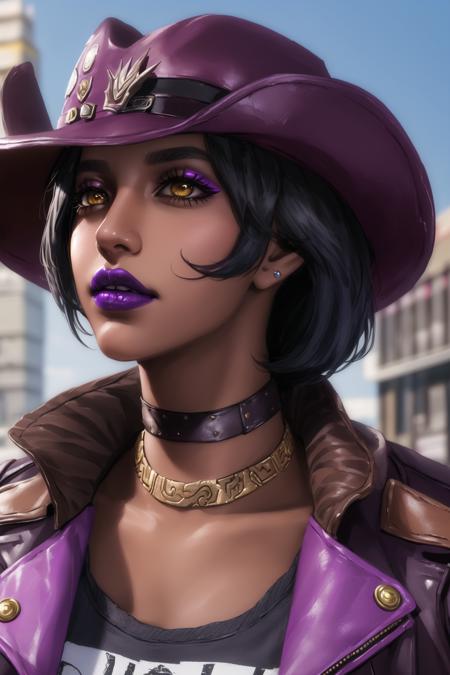 <lora:nisha_(borderlands):0.8>, nisha (borderlands), masterpiece, best quality, 1girl, solo, hat, dark skin, black hair, dark-skinned female, short hair, choker, jacket, hair over one eye, lipstick, purple lips, cowboy hat, lips, yellow eyes, makeup, leather jacket, leather, nose, upper body, outdoors,