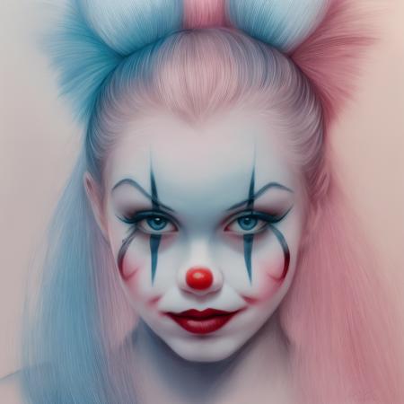 a portrait drawing of ((playgirl clown)) in a sexy ((pink velvet))-((blue bows)) thong bikini | charcoal sketch, expressive, theatrical, Symbolism, Pinterest, style of Casey Baugh, muted tones, dramatic lighting, introspective mood, enigmatic, 2D, 64K vivid colors ((-red- -(blue black)- -brown-))  <lora:add_detail:1>
