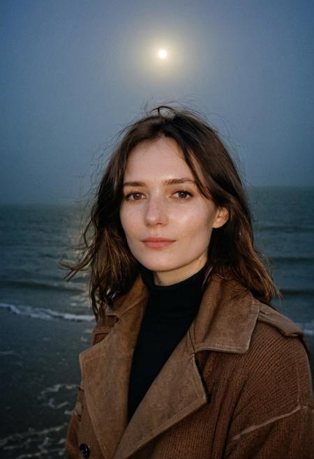 A beautiful 35mm photo of a 30 year old Dutch woman, polaroid photo style, ((turtleneck sweater)), ((leather trenchcoat)), ((full body:1.2)), polaroid film style, she has a comely face, shy smile, in love, pale skin, very dark eyes, chocolate brown hair, straight hair, 70's fringe, beautiful mouth, long face, narrow chin, freckles on nose, birthmarks on stomach, she is slim, natural tits, perfectly shaped tits, pubic hair, ultra realistic, extremely detailed, highly detailed eyes, realistic eyes, highly detailed skin, realistic skin, on the beach at the Dutch coastline, foggy 
cloudy, beautiful lighting, soft natural light, night, dark, moonlight, moon, starry night, perfect light, Rembrandt style light, 8k resolution, masterpiece, 35mm,Camera="Hasselblad X1D 50c", Lens="Hasselblad XCD 90 mm f/3.2 ", "Aperture-of=f/2.8", "ISO=100", film grain, (ultra high res:1.2),(photo-realistic:1.3) (skin pores:1.1)