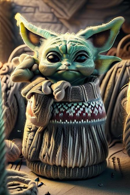 (masterpiece, best quality:1.8), christmassweater, christmas, Grogu "Baby Yoda", Star Wars, no humans, in a swamp planet, alone, sweet face, wear a christmas sweater in red, white and green, with an image of mandalorian stamped, wool sweater <lora:world_christmassweater:1>