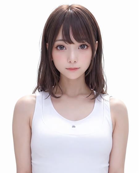 best quality, photorealistic, 8k, high res, 1girl, woman, (skindentation), (portrait:0.6), gorgeous, ((whitebackground, sport tanktop, small breast:1.65)), (long brown hair, parted bangs:1.4), looking at viewer,  (1girl eyes looking at viewer:1.6), photorealistic, (bokeh), (closed mouth, smile:1.3), gorgeous, pureerosface_v1:1, <lora:grav-sakimi:0.45>