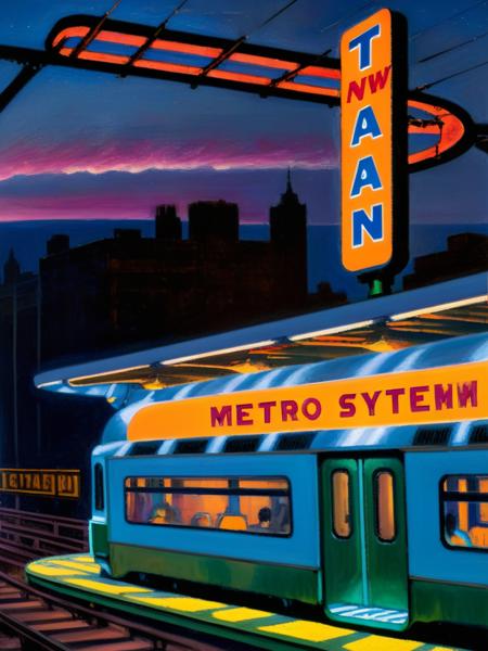 <lora:03realismPainting_Hap_XL:2.8>,American art,oil painting,peaceful,realism, Above the platform, a large neon sign advertises the "New Titan Metro System". The sign is bright and colorful, and it casts a warm glow over the scene. However, the sign's cheerful message belies the dark secrets that lie hidden beneath the station.