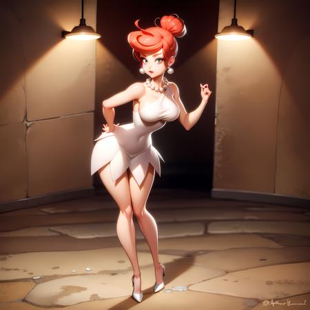 ((masterpiece, best quality)),(complex lighting) ,full body, solo, wilma flintstone, red hair, ponytail, <lora:Wilma_Flintstone1:0.8>,white dress, pearl necklace, lipstick,