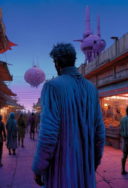 <lora:Moebius (Jean Giraud) Style:1>Moebius (Jean Giraud) Style - Moebius, Photograph, (sci-fi setting) close-up on an enigmatic merchant standing beside store in market filled with humans, creatures and robots, walking about, with a touch of Giraud's unique artistic flair, (twilight sky), with crowd of people visible in distance, full color, Nikon Z9, 80mm, gritty, RAW photo, ultra detailed (twilight sky), grumpy expressions, photorealistic, 8k, ultra detailed