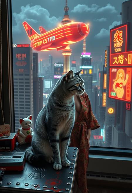 Grey tabby cat with green blue eyes sits on a cluttered metal riveted desk next to a maneki neko statue and a small Nintendo , the cat is looking out to a floor to ceiling window that looks out over a futuristic cyberpunk Tokyo skyline with skyscrapers, holographic advertisements, futuristic airships covered with lights and advertisements in Japanese, a space elevator, (((a tall thin beautiful young woman, 22 years old, is standing next to the cat looking out at the city through the window))), The woman is dressed in an ornate Japanese style bath robe, exposing some cleavage and her lower legs.  The woman's hair is messy from just waking up and tied up with a ribbon. Artistic cyberpunk, dynamic perspective, a translucent neon projection of a strip club bar advertisement displaying a partially dressed woman is visible on a nearby building,
