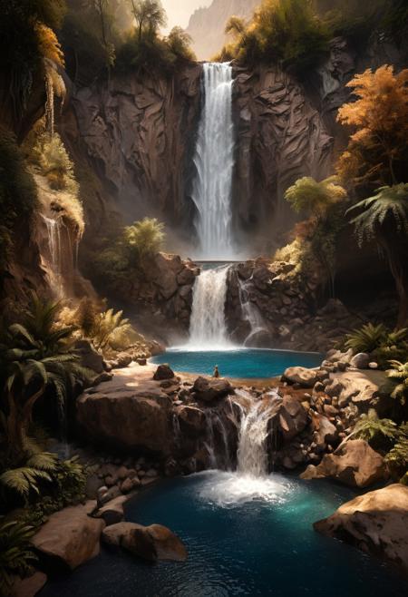 Natural earth tones. Contrasting chiaroscuro lighting. Waterfall, pool, rocks, trees, mountains, and a man in a mystical fantasy setting. Strong contrasts, deep shadows, browns, beiges, and muted colors.