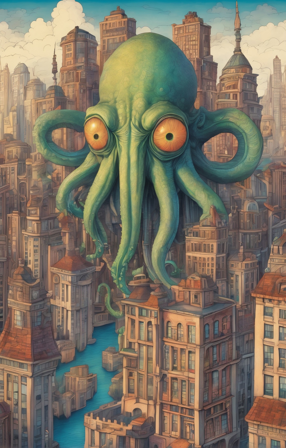 A large, menacing green octopus with glowing red eyes is seen towering over a city landscape, with tall buildings looming in the background. The octopus is positioned in the middle of the scene, taking up a significant portion of the image. Its tentacles are spread out, showcasing its massive size and intimidating presence. The cityscape below it appears to be a mix of urban architecture, with buildings of various heights and styles. The overall atmosphere of the image is one of mysterious and ominous danger.