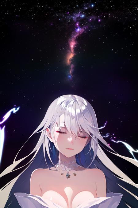 ((masterpiece)), best quality, highres, original, extremely detailed 8K wallpaper, world masterpiece theater,(This is a romantic scene, depicting a sleeping maiden, immersed in an ocean of stars. The young girl lies within a vast expanse of starry sky, surrounded by countless stars and nebulae, all shimmering with enchanting radiance. She wears a delicate white gown, resembling gossamer, which lends her an ethereal and dreamlike appearance. Her long hair cascades effortlessly amongst the stars, infusing the entire scene with an air of mystique and romance. Dominated by shades of purple and white, the artwork conveys an atmosphere of elegance and tranquility. Exquisitely detailed and refined, the piece flawlessly presents the enchanting scene of a beautiful maiden asleep amidst the celestial realm.),(partial skin exposure:1.2),(oily skin:1.3),(reflective skin:1.1), (Aestheticism Painting),<lora:SilvermoonMix14:1>