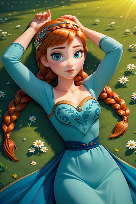 DisneyAnna, 1girl, orange hair, blue eyes, twin braids