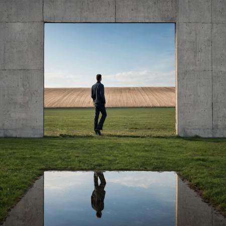 optical illusion - the illusion of mirrors digital art, 
composition:a square mirror was placed against a huge concrete fence, 
the reflection in the mirror shows a man walking across the field
