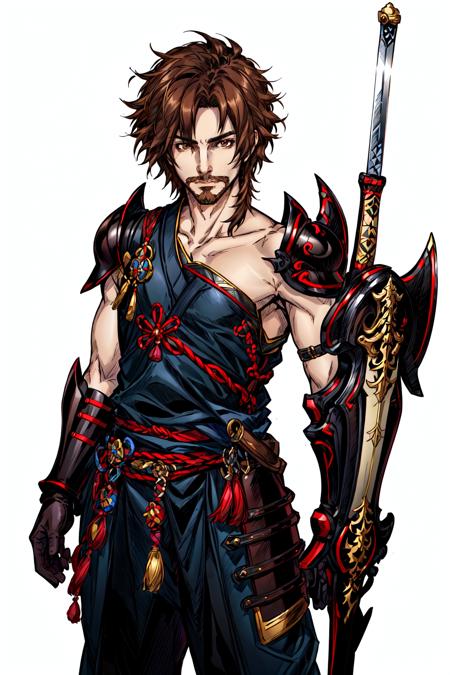 Duskfallcrew Art Style,  solo,  looking at viewer,  simple background,  brown hair,  gloves,  1boy,  white background,  brown eyes,  closed mouth,  weapon,  male focus,  japanese clothes,  sword,  armor,  facial hair,  japanese armor,  single bare shoulder, <lora:EMS-57370-EMS:0.500000>