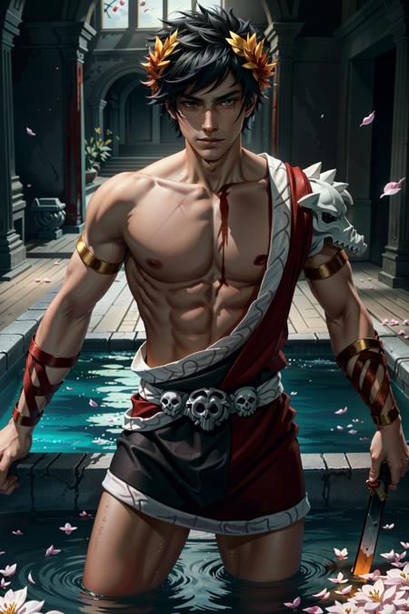 ZagreusHades, 1boy, single bare shoulder, greek clothes, male focus, laurel crown, black hair, blood, red eyes, flower, pool of blood, sword, weapon, petals, nipples, solo, pectorals, bare pectorals, holding, armlet, muscular, skull
,masterpiece, best quality, cinematic lighting,
<lora:epi_noiseoffset2:1>,   <lora:ZagreusHades:0.7>