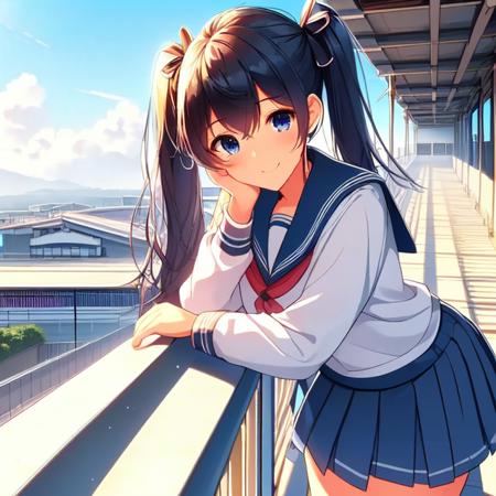 solo,  1girl,  14yo,  (((resting arms on school railings))),  ((leaning on school railings)),  outdoor corridor,  second floor,  twintail,  school uniform,  wind,  smile,  taiwan, School railings,<lora:EMS-211125-EMS:1.000000>