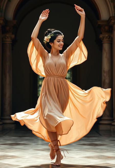In the heart of a grand Roman villa, an elegant young woman is captured in the midst of a lively Bacchanal dance. She wears a delicate peach stola that flows around her with each movement. Her dark hair is styled in an intricate updo, adorned with a wreath of fresh flowers.
In this moment, she is mid-twirl, her left arm raised gracefully above her head, fingers extended as if reaching for the stars. Her right arm is outstretched to the side, balancing her poised movement. Her left leg is slightly bent, foot pointed delicately, while her right leg supports her, providing a strong yet elegant stance. The stola fabric swirls around her, accentuating her fluid motion and adding a sense of ethereal beauty to her form.
Her expression is one of joyful abandon and pure ecstasy, eyes closed as she loses herself in the rhythm of the dance. A soft smile graces her lips, reflecting the exhilaration of the moment. The subtle makeup, with strong eyeliner and mascara, and ribbons tied around her thighs, enhances her expressive features, highlighting her natural beauty and the intensity of her dance.
The room around her is softly illuminated by the warm glow of candlelight and sconces, casting gentle shadows that dance along with her. Polished marble pillars and intricate frescoes provide a majestic backdrop, adding depth and richness to the scene without distracting from the captivating dancer at its center. luc14nn4