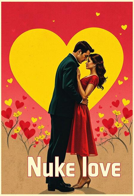Soviet nuke poster. A man holds a woman by the waist. The inscription on the poster: "Nuke love". In the background, a radioactive Valentine's card on the entire wall.