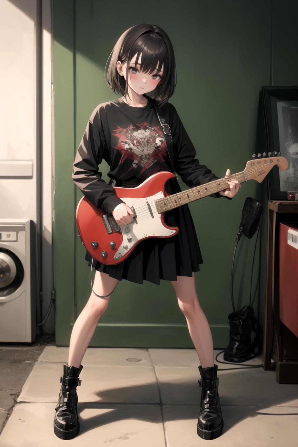 Girl in a black dress holding a red guitar.