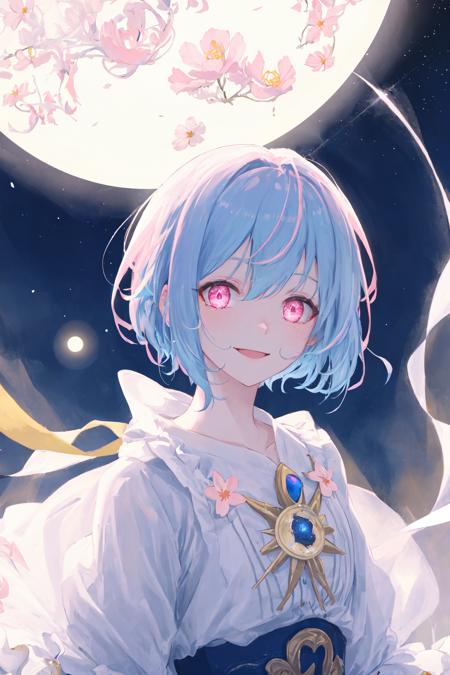 masterpiece, best quility, high_quality, high_resolution, masterpiece*portait, stella, [pink|yellow]eyes, pink + skyblue hair, short hair,  cosmos, galaxy, stars, upper body, full moon, smile, glowing eyes, glow, glitter, glowing white particles, clock,