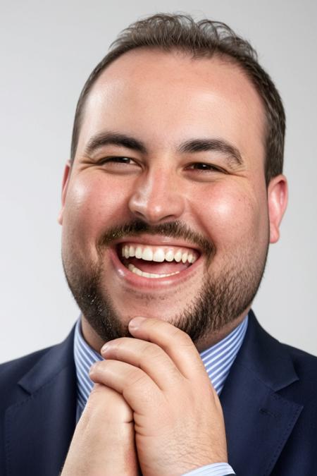 hires digital photo, photorealism, simple white background, upper body, j0hnb41n, middle aged male, overweight, hand on chin, laughing, short hair, facial hair, beard, formal suit and tie <lora:TotalBiscuit_Youtube_XL:1>, intricate details, high resolution,