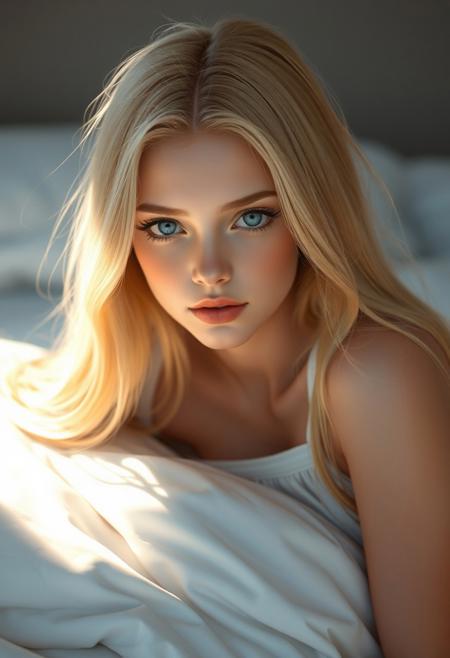 masterpiece, best quality, ultra-detailed, high resolution, digital painting, cinematic lighting, soft shading, perfect anatomy, sharp focus, beautiful face portrait orientation, 8k resolution, symmetrical composition, depth of field, glowing light, subsurface scattering, vibrant colors 
A breathtaking hyperrealistic-style girl with long flowing golden glowing sunlit blonde hair, soft blue eyes, flawless glowing skin, long eyelashes, A breathtaking anime-style girl with long flowing blonde hair, soft blue eyes, flawless glowing skin, wearing a light, sleeveless white top or dress, calm and serene expression, delicate and elegant facial features, relaxed body language, calm and serene expression, delicate and elegant features, soft curves, intrepid gaze, perfectly glossed soft pink lips, gorgeous small medium breasts, 
Lying peacefully on a soft white bed with crisp sheets, gentle natural light filtering in, slight shadows adding depth to her form, subtle warmth in the lighting, cozy and intimate atmosphere, background blurred to keep focus on her