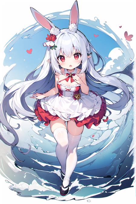 (white background:1.4),(chibi:1.2),
masterpiece,best quality,
solo,((an extremely delicate and beautiful girl)),(full body:1.2),rabbit ear,hair ornament,sliver hair,long hair,red eyes,medium breast,white dress,
standing,(frills),(white_thighhighs),holding,close mouth,
fantasism,(surround by Sea wave)