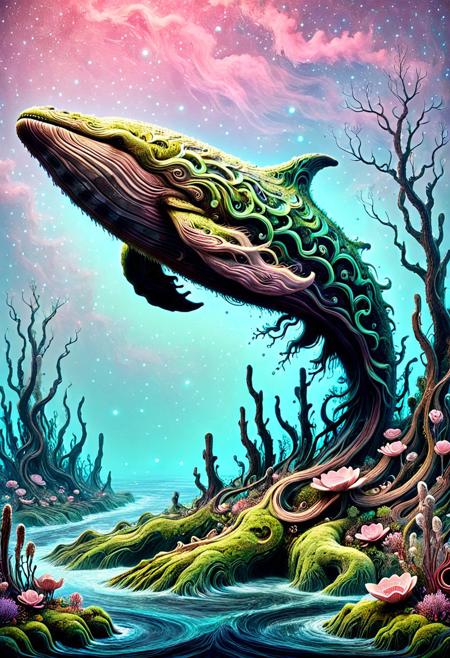 a graceful whale \(made of w00kiee\) on pink clouds, petrified branches, standing in a moonlit clearing surrounded by bioluminescent flowers and decaying logs. Its body is adorned with patterns of moss and delicate, bone-like structures that glow faintly, the air is thick with ethereal mist, creating a haunting yet serene atmosphere, organic macabre aesthetic, ultra-detailed, cinematic composition, dark fantasy, organic and macabre balance