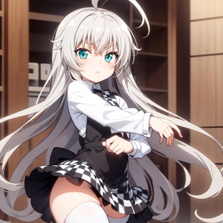 nyarlathotep \(nyaruko-san\), checkered skirt, thighhighs, very long hair, white thighhighs, checkered clothes, ahoge, masterpiece, best quality,