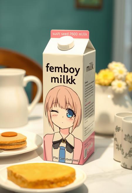 a milk box on a breakfast table. The milk is titled "femboy milk" with a anime girl character blinking her eye